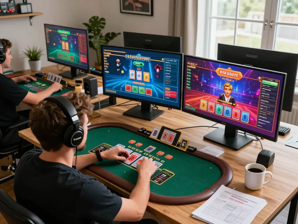 Player engaging in live blackjack at home, showcasing lode88vi gaming experience with modern setup.