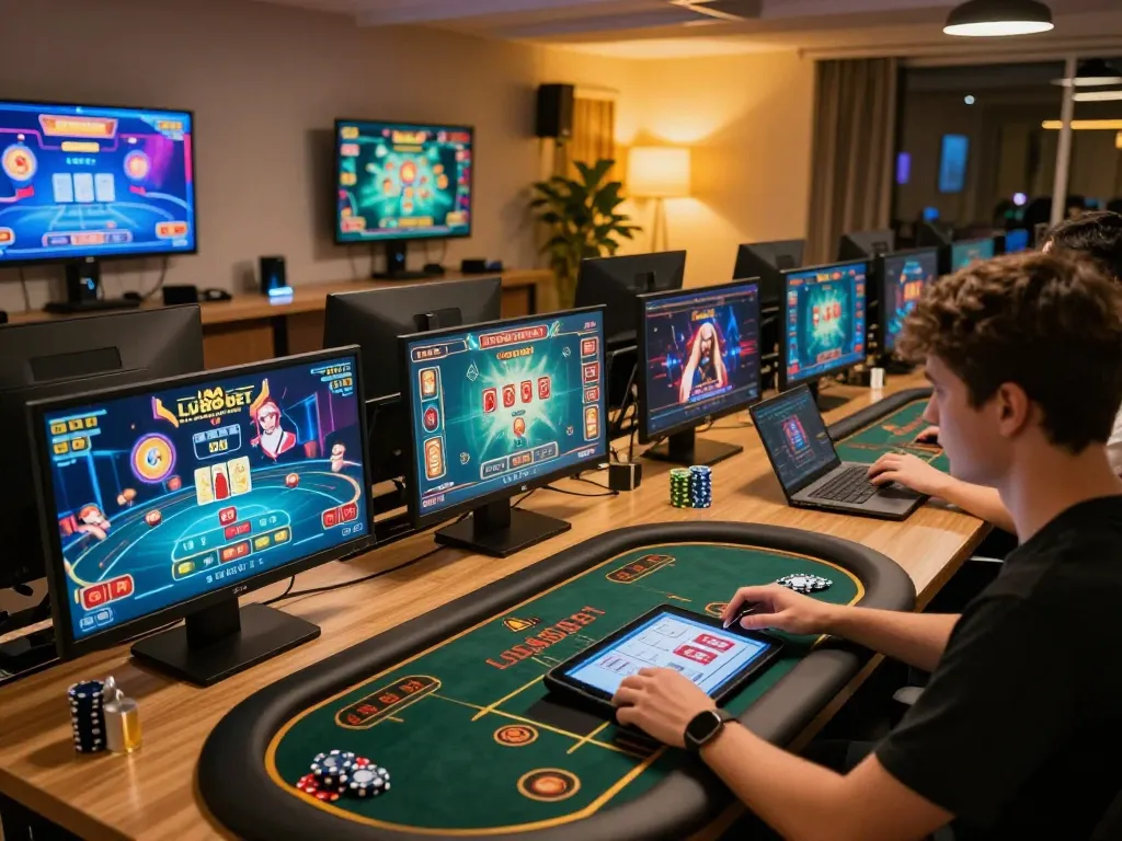 Engaging in lu88 bet while playing online casino games in a cozy home setting.