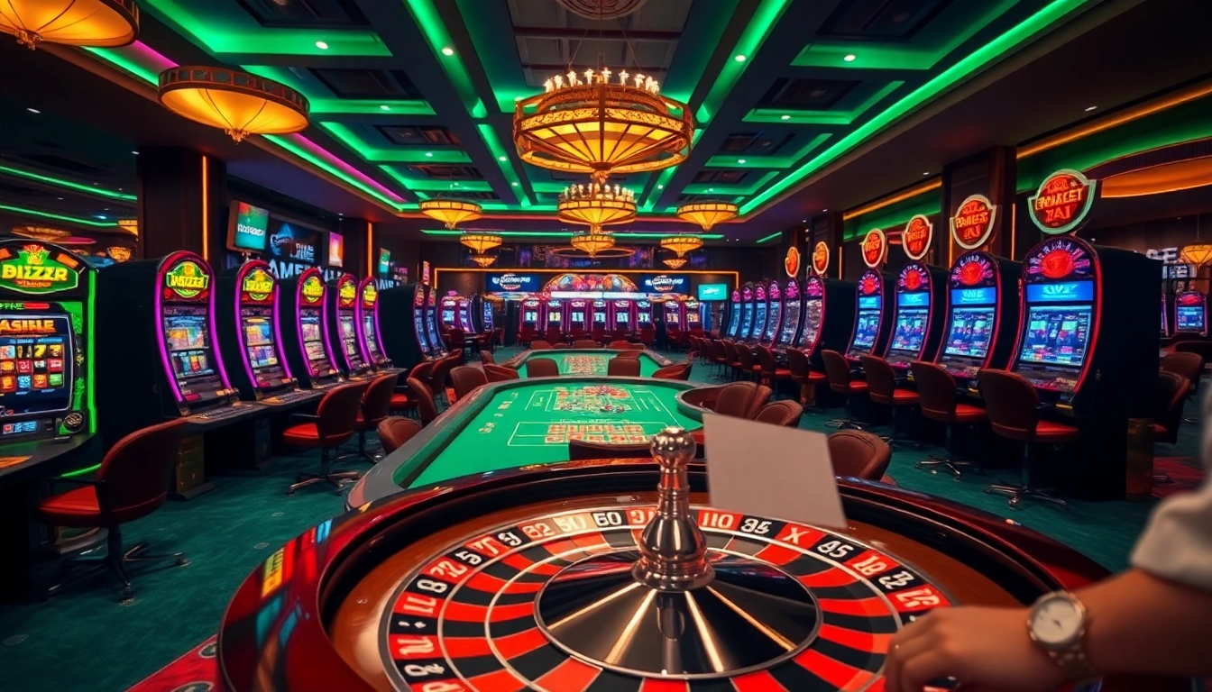 Experience the excitement of 8k8 with vibrant casino tables and modern slot machines in a luxurious setting.