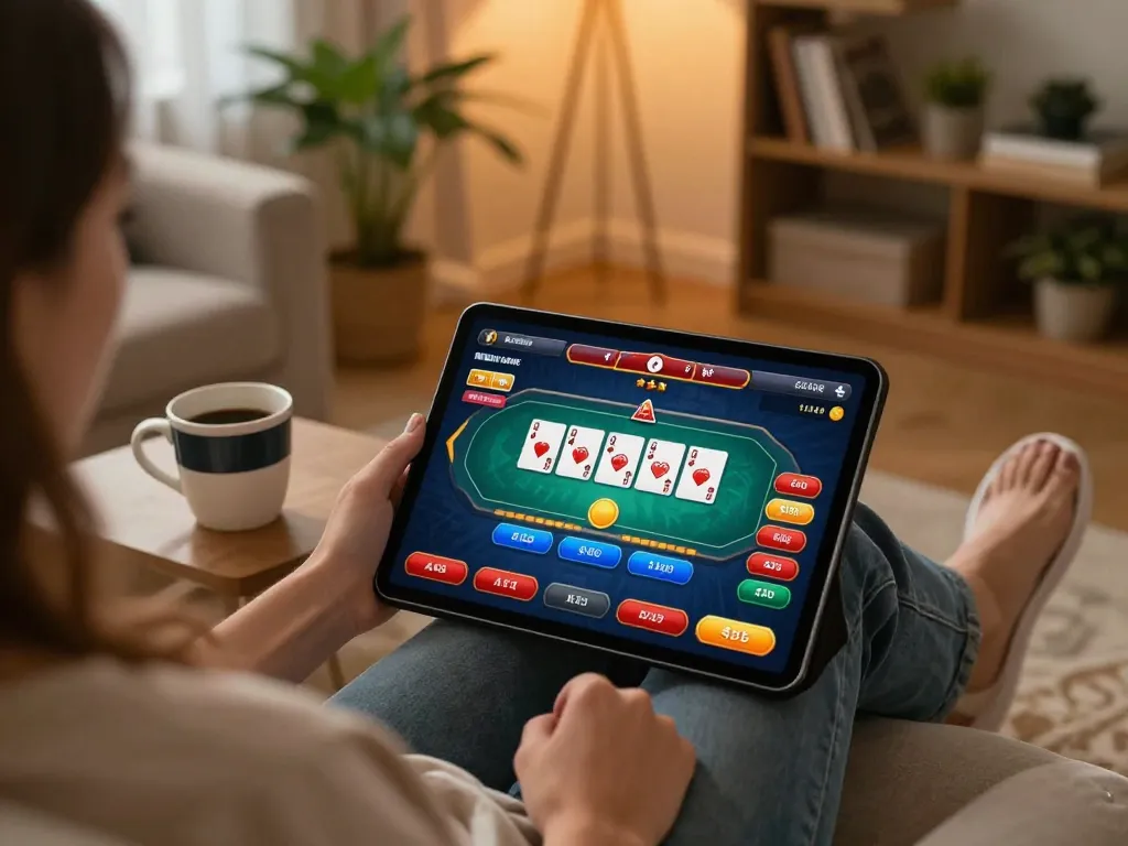 Engaging online poker gameplay on a tablet showcasing JUN88 in cozy home setting.