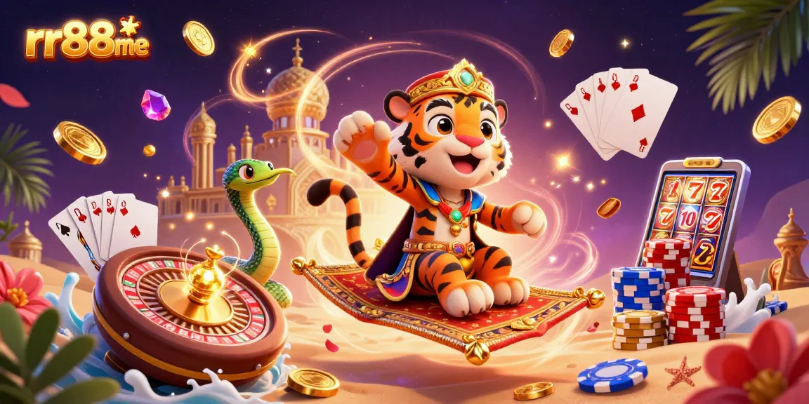 Play exciting games and win big with rr88me at this vibrant casino scene illustration.