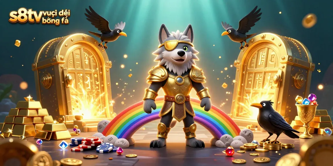 S8TV trực tiếp bóng đá scene showcasing an energetic 3D illustration of Odin and ravens amid casino elements.
