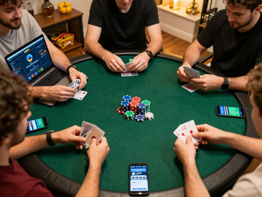 Players engaging in a lively home poker game while using the gambling platform https://ea77.lat/, showcasing friendly competition and strategy.