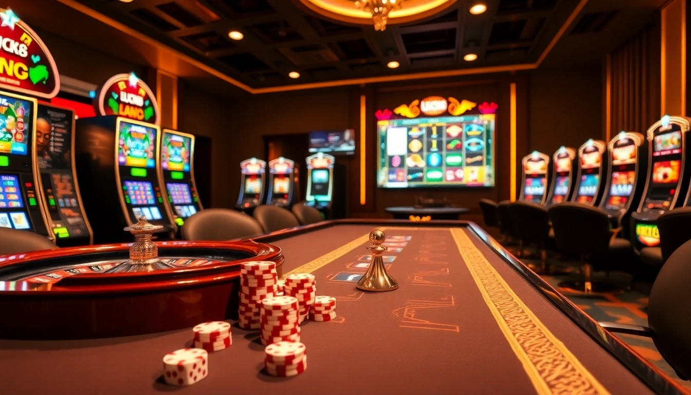 Experience thrilling gaming at Luck8 Casino with vibrant tables, professional poker chips, and engaging slot machines.