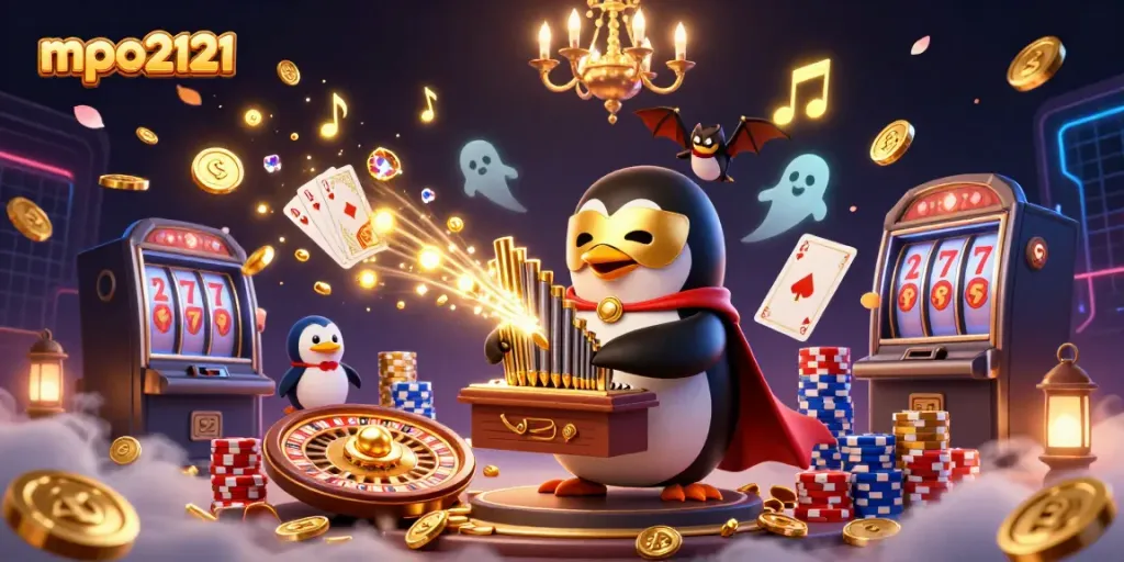 mpo2121 menampilkan penguin opera kartun fantom bermain organ dengan koin emas meluncur, menggambarkan permainan slot yang mengasyikkan