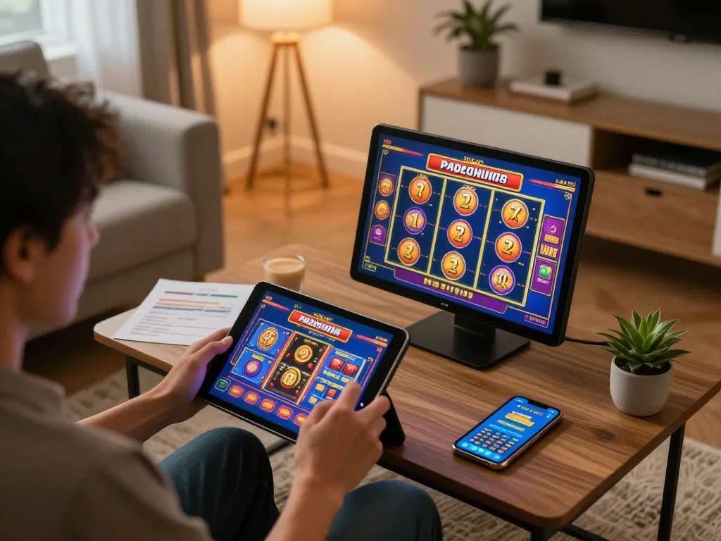 A player enjoying games at https://rr88.navy/ on a tablet, engaged in vibrant online casino action.