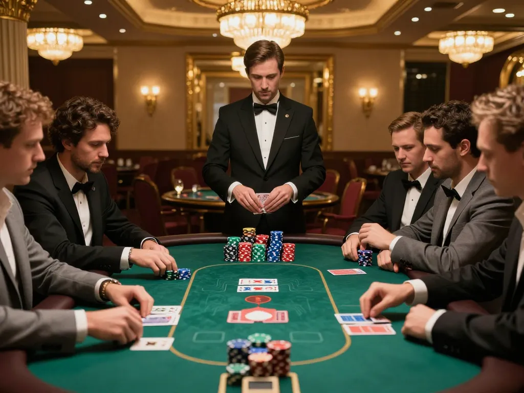 Players strategizing in a sbobet poker game with colorful chips on a felt table