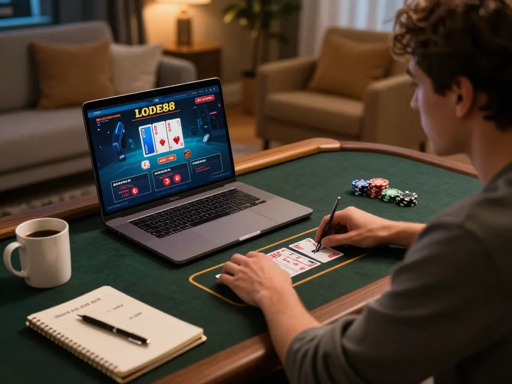 Lode88 player strategizing during online gambling session at home, showcasing live dealer game interface.