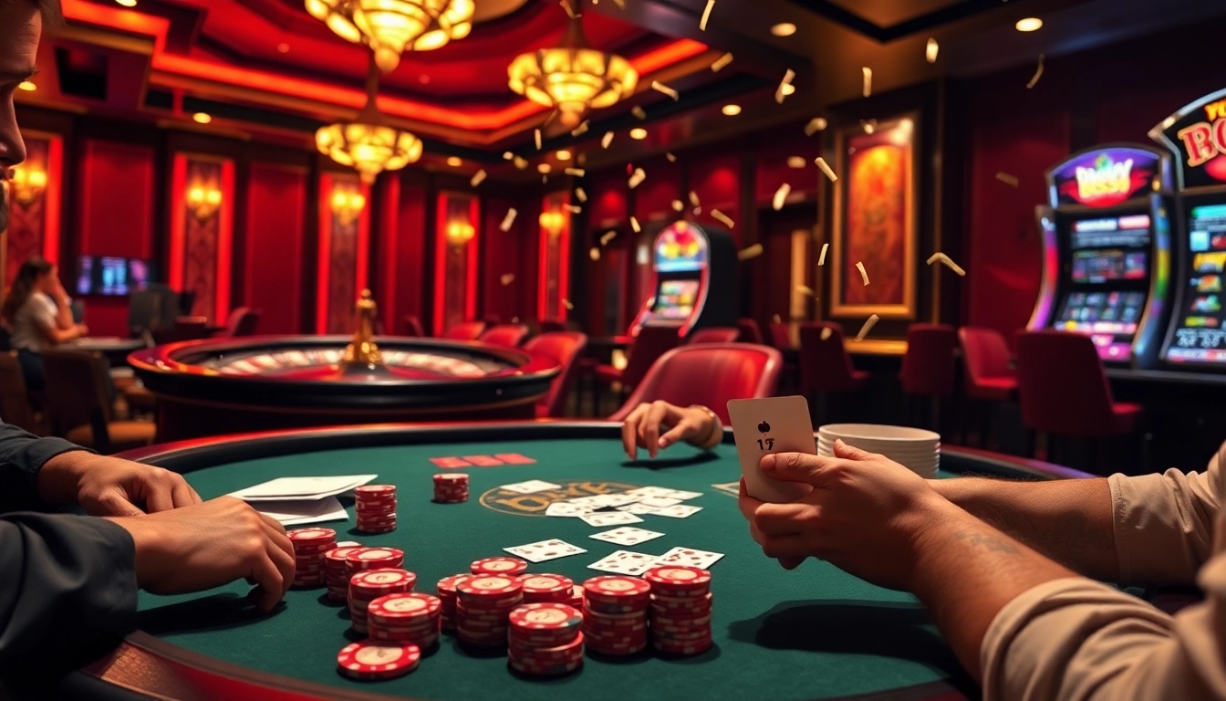 Engaged players at a BL555 casino table celebrating a big win with poker chips and cards.