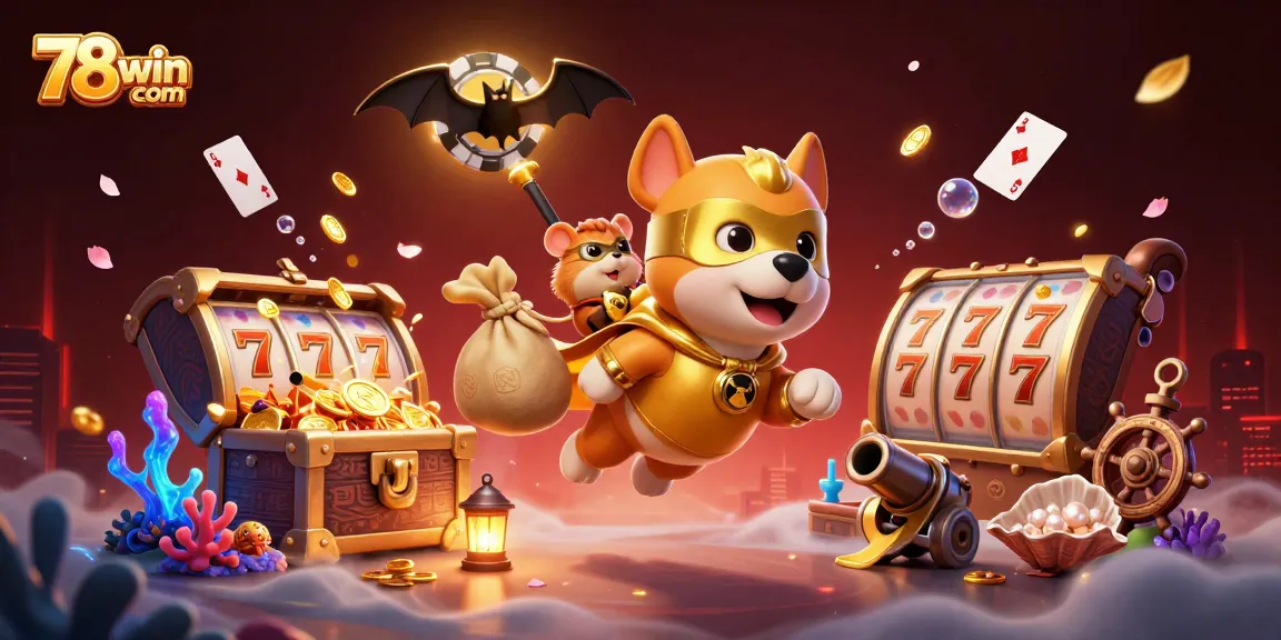 Spin to win at 78win com with a superhero dog and hamster in an exciting casino adventure.