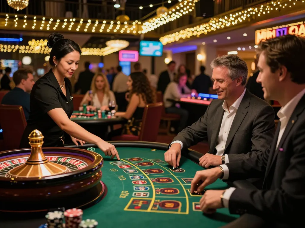 Players engaging in strategic bets at FIVE88's lively outdoor casino games surrounded by vibrant lights.