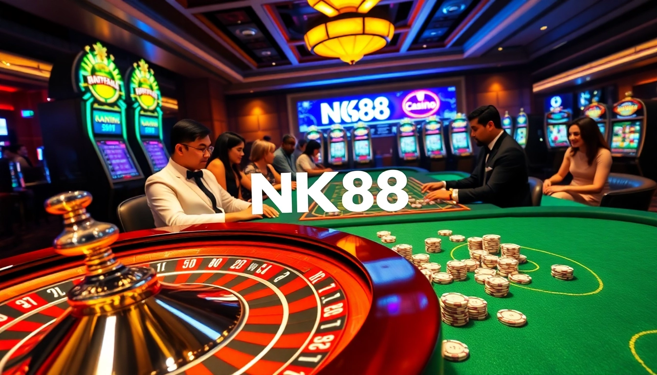 Gamblers enjoying various games at NK88 casino, showcasing a thrilling roulette wheel and poker chips.