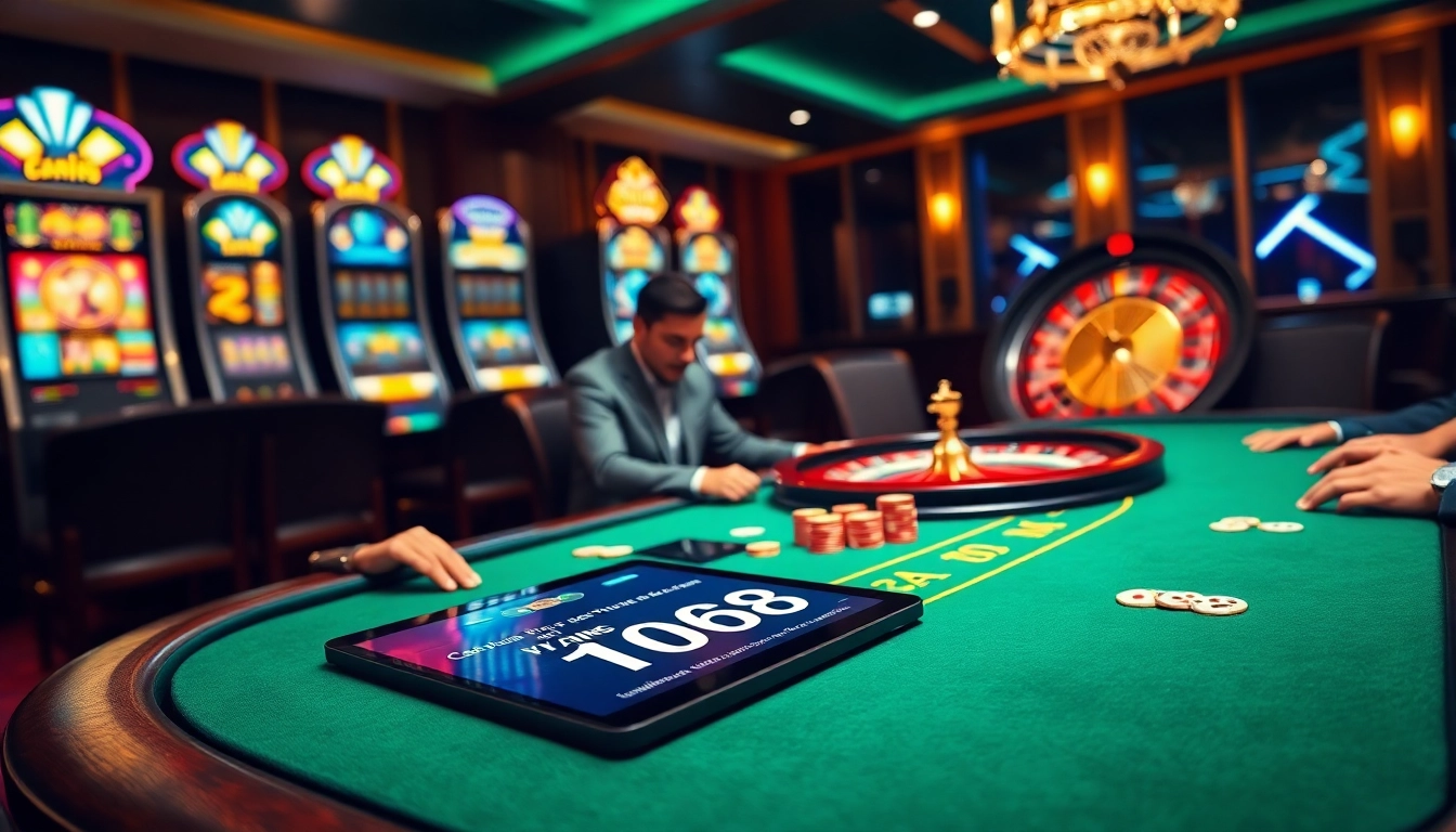 Players strategize at the TWIN68 poker table surrounded by vibrant slot machines.