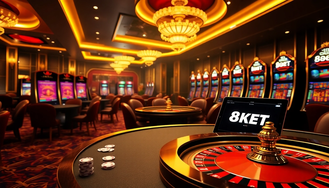 Engaged players enjoying games at the luxurious 8KBET casino interface, capturing the thrill of online gambling.