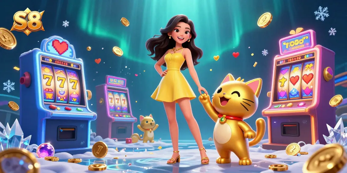 S8 offers an exciting casino experience showcasing vibrant slot machines and a cheerful Asian woman with a lucky cat mascot.