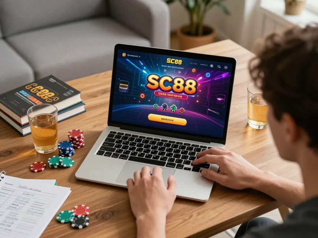 Player engaging with the SC88 app for online gambling, capturing an exciting home gaming atmosphere.