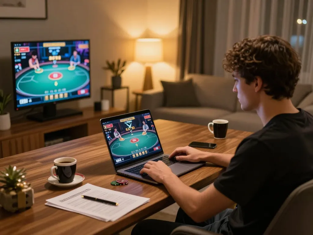 Player engaging in online gambling at GK88 com with vibrant poker interface and strategical notes