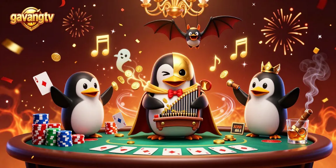 Experience the thrills of gambling with gavangtv in a vibrant 3D casino scene featuring a penguin organist.