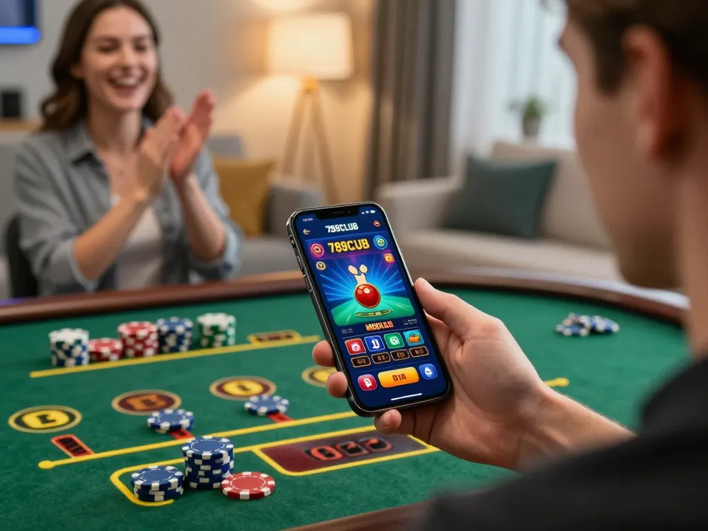 Player enjoying 789CLUB mobile gaming experience in a cozy, stylish home setting.
