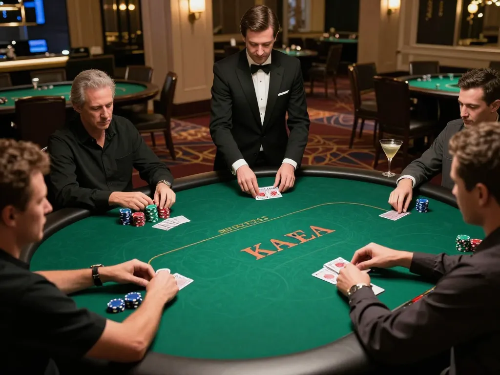 TR88 poker game in an upscale casino, players engaged in competitive gameplay with vibrant atmosphere