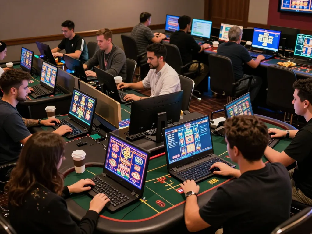 Luckywin players enjoying diverse online games with engaging interfaces and vibrant screens.