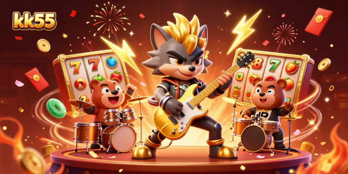 Engage with kk55's thrilling slot experience, featuring a rock star wolf on stage and dynamic game elements.