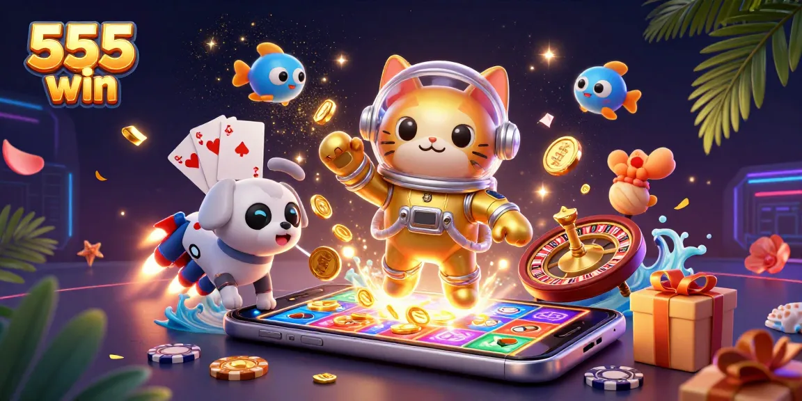 Spin and win big with 555 win in this vibrant casino-themed illustration.