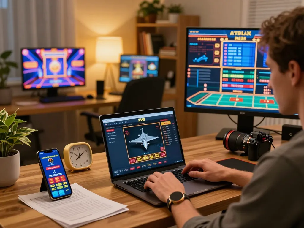 Player enjoying F168 online casino gaming on laptop in cozy home office