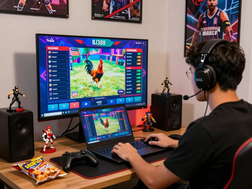 Dynamic online betting scene with a gamer engaged in live cockfighting at https://bj388.my, showcasing gaming peripherals and vibrant platform graphics.