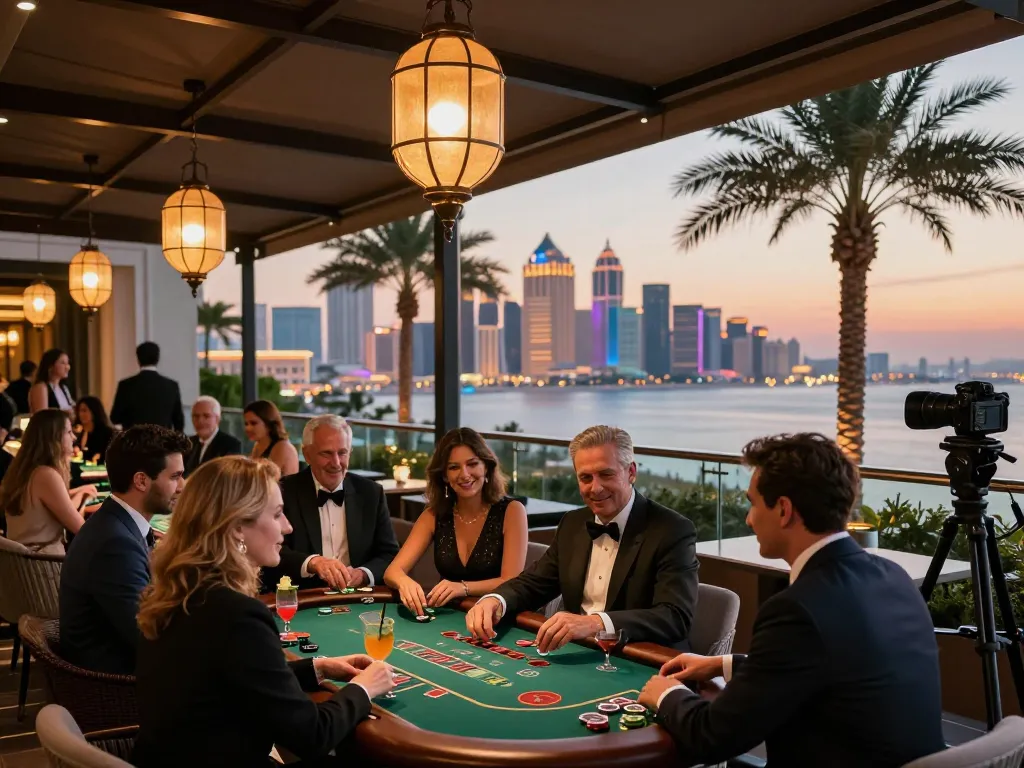 Players enjoying blackjack at a casino terrace as they engage in games, showcasing the high-end atmosphere of https://98win9.co.com/.