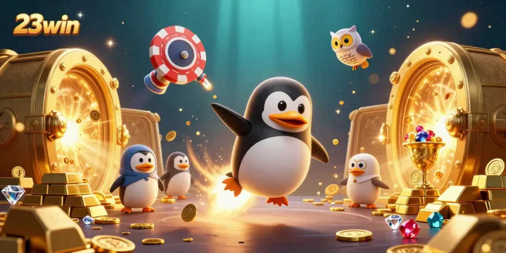 Experience thrilling gameplay at 23win with a golden penguin and treasure in a vibrant casino world.