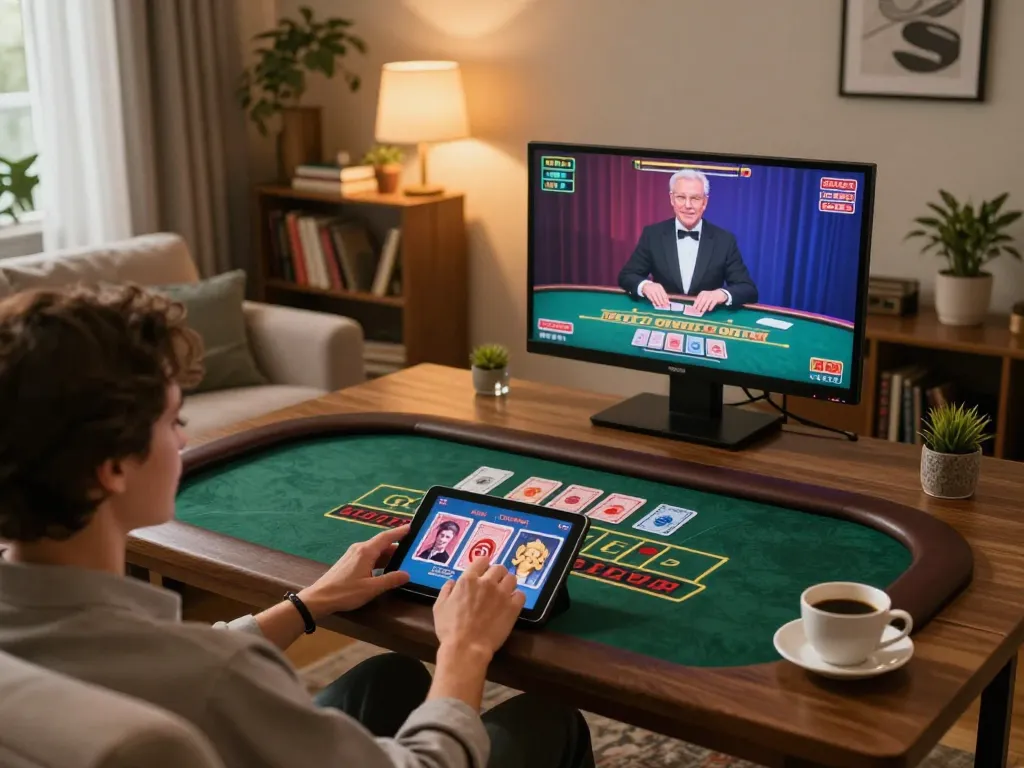 Engaged player on okwin app enjoying live dealer blackjack at home, cozy setup with warm lighting.