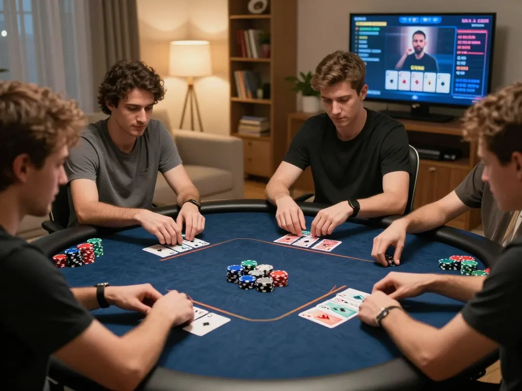 MM88 players engaging in an exciting online poker game with colorful chips and focused strategies.