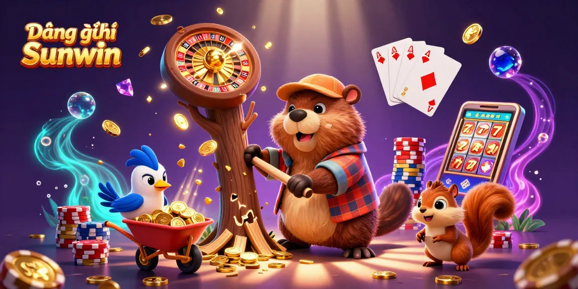 Engaging illustration displaying Đăng ký Sunwin with a beaver, bird, and squirrel amidst casino elements.