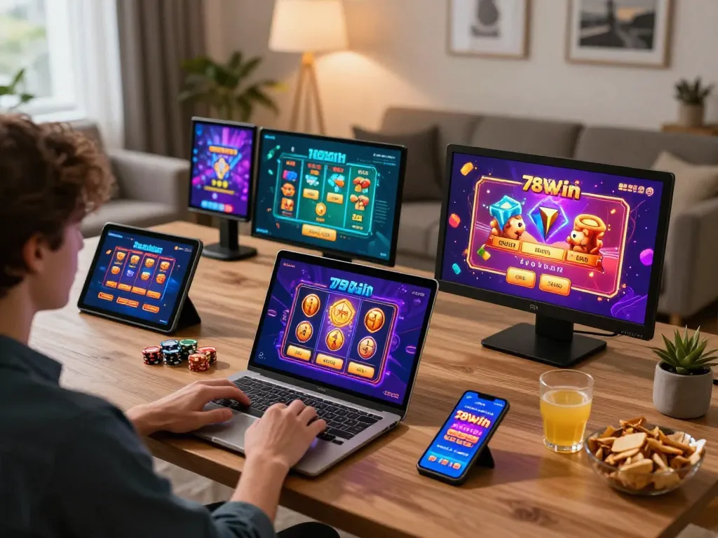 Player engaged with the 78win online casino gaming interface on a laptop in a cozy home setting.