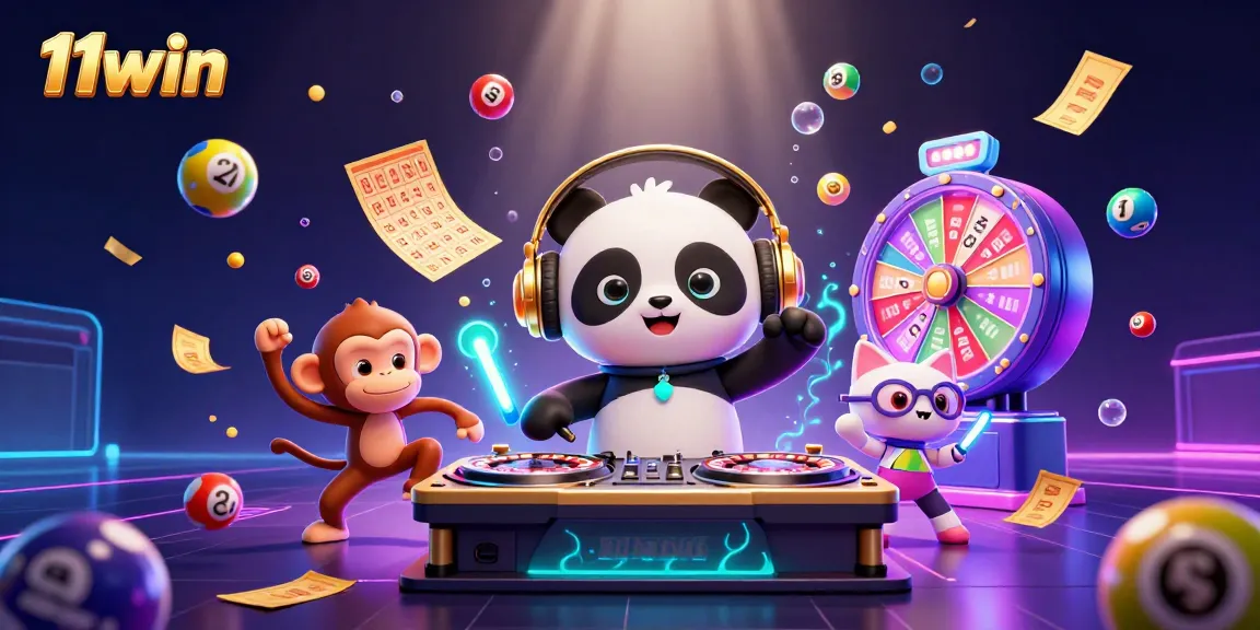 11win's vibrant casino scene featuring a DJ panda and lottery elements in a dynamic atmosphere