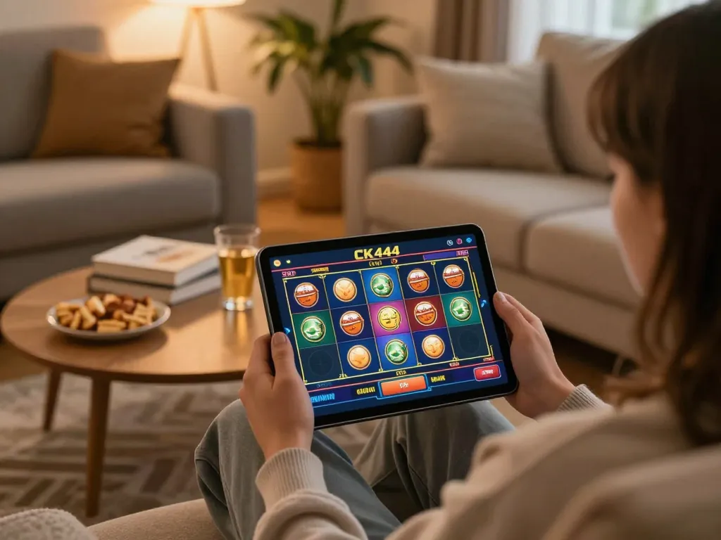 Enjoying online gambling on CK444 with a cozy home atmosphere, featuring tablet gaming and snacks.