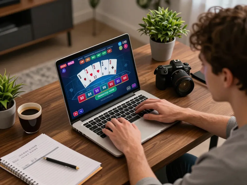 Engaging online baccarat gameplay on gem88, showcasing vibrant graphics and strategy notes in a cozy setup.