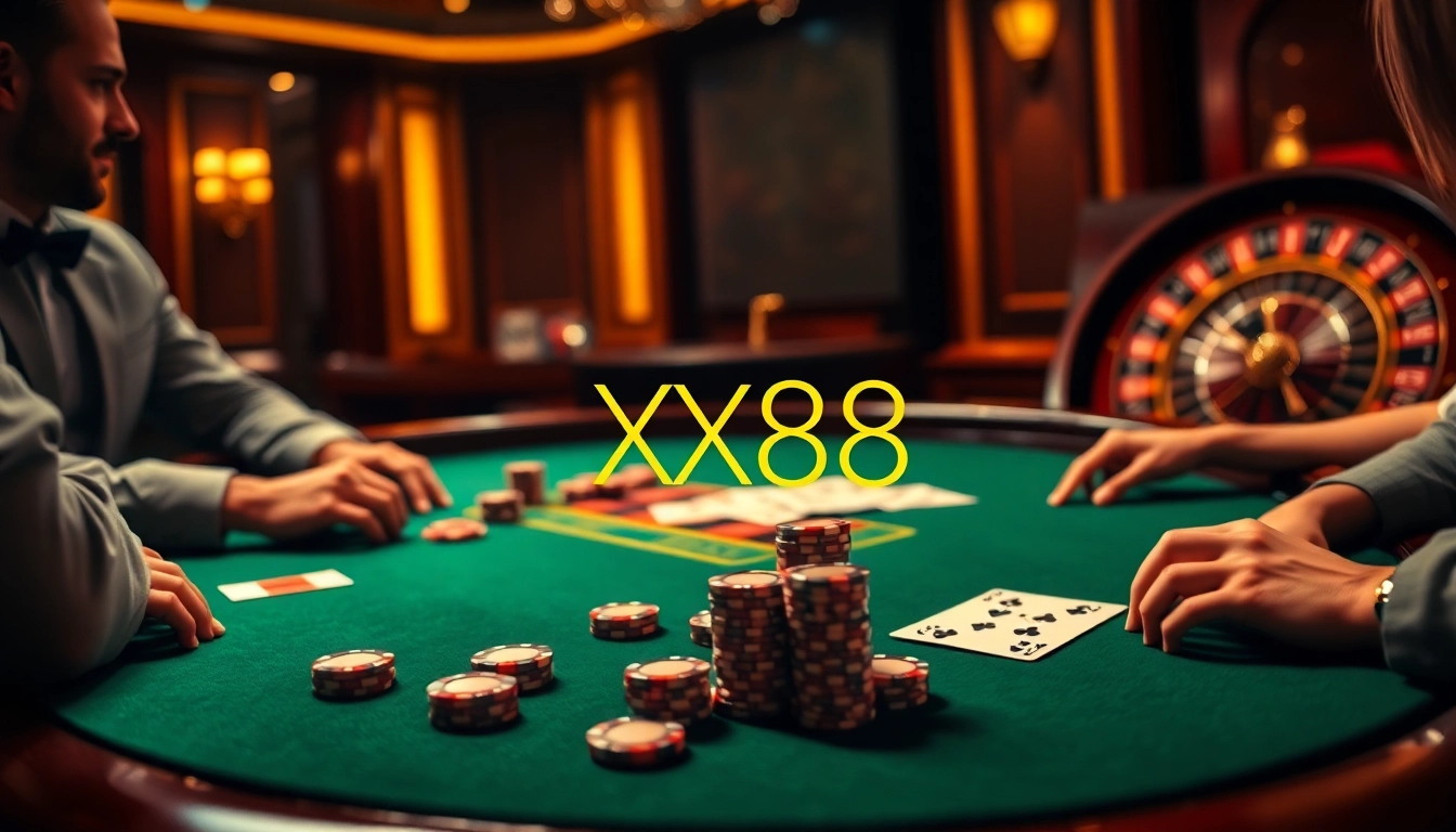 Players engaging in a thrilling poker game at XX88 casino with luxurious chips and cards.