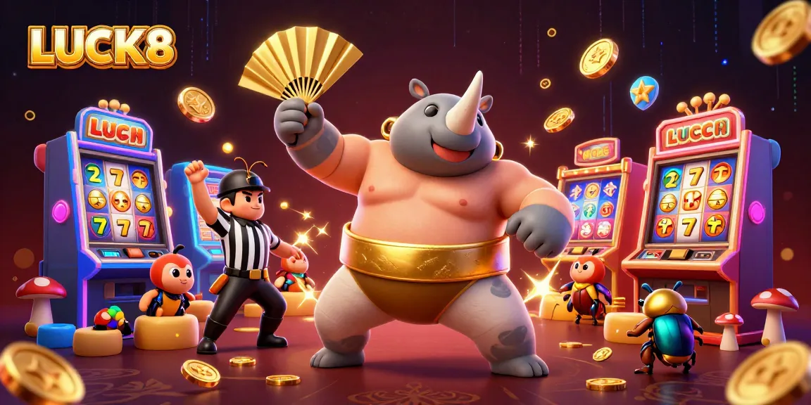 Experience LUCK8's thrilling slot action in a dynamic, vibrant casino-themed illustration.