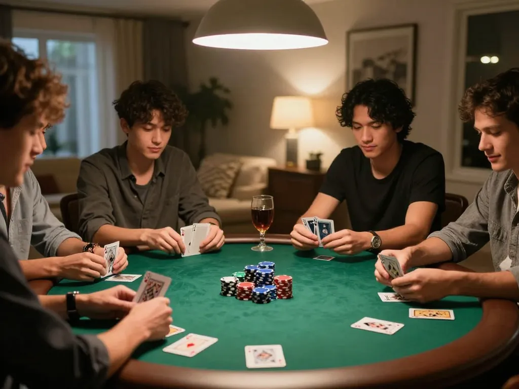 F168 poker night with friends enjoying a game, showcasing cards and chips in a cozy home setting.