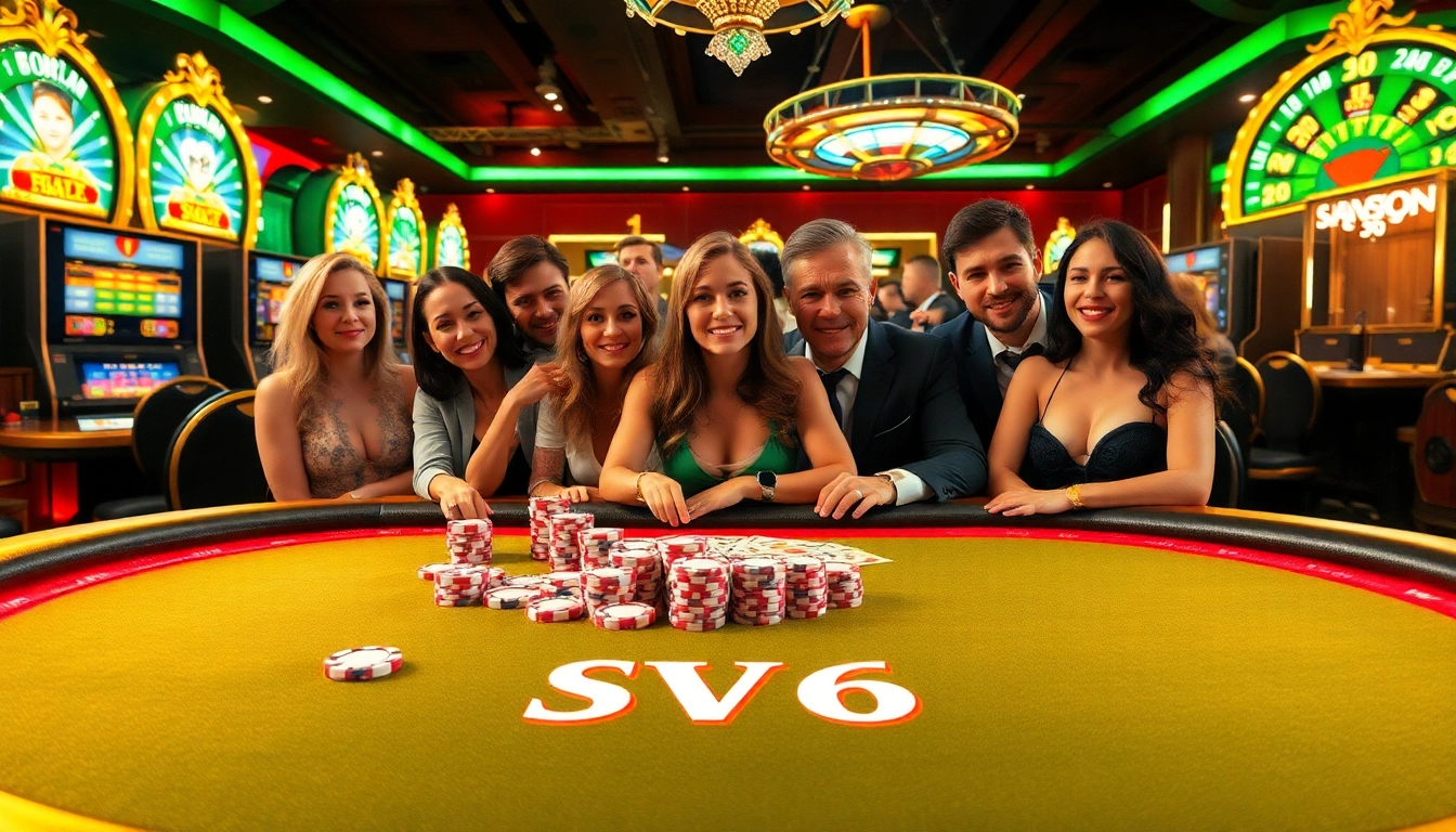 Engaging scene of a casino poker game featuring SV66 with vibrant slot machines.