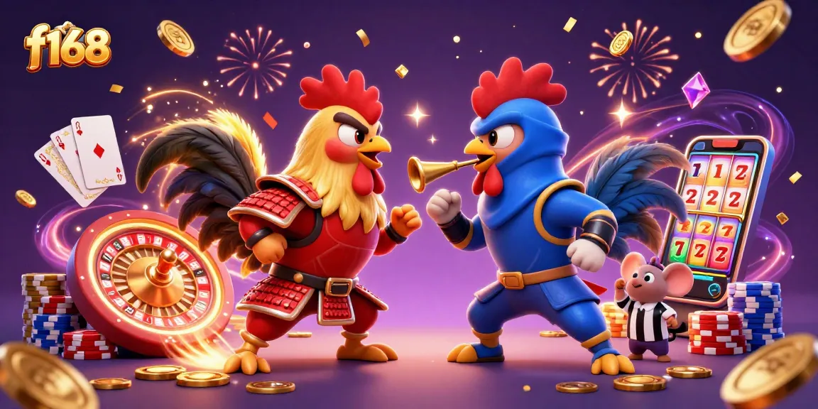 Experience thrilling battles at f168 with vibrant roosters in epic showdown amidst sparkling casino elements.