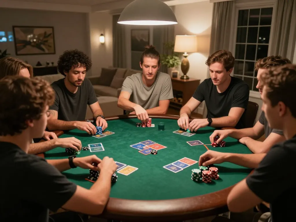 Friends playing poker during a home game night, showcasing a lively atmosphere with multiple players engaged in their game strategy, capturing the essence of rikvip gaming.