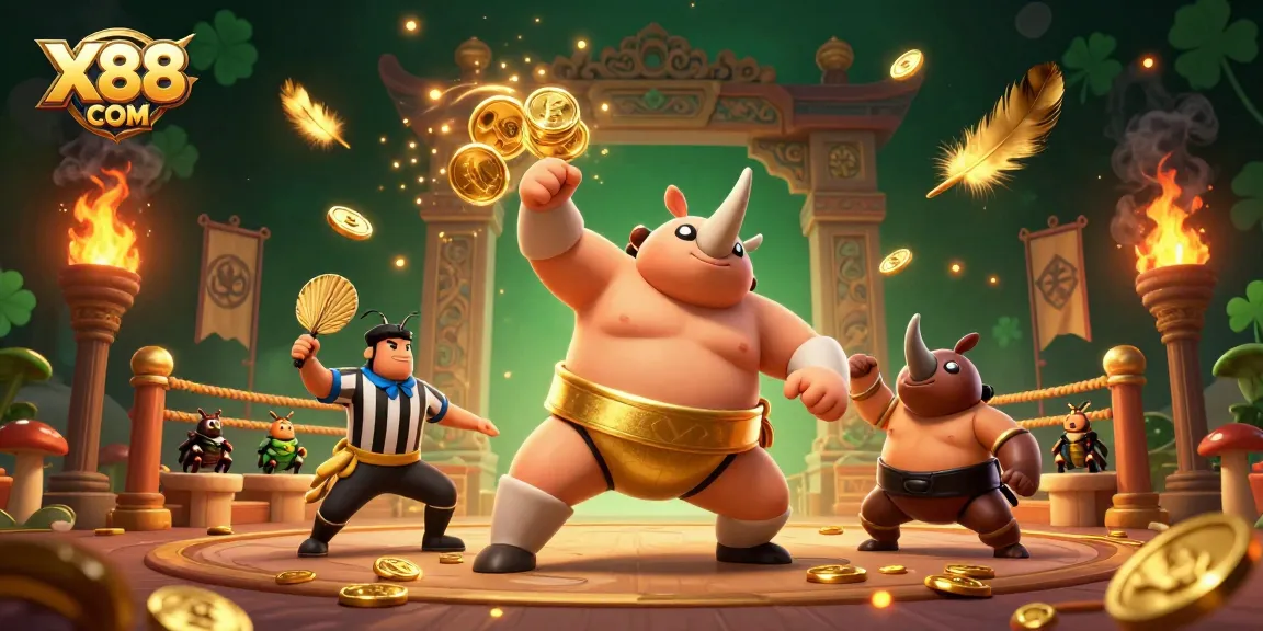 Experience thrilling gameplay at X88 COM with a sumo champion beetle amidst a dynamic casino scene.