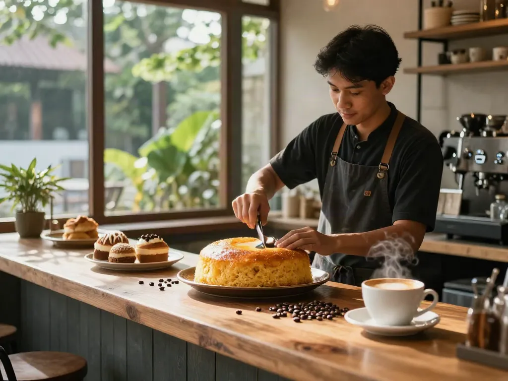 rokok88 login welcomed in a warm café with fresh bolu bakar and coffee