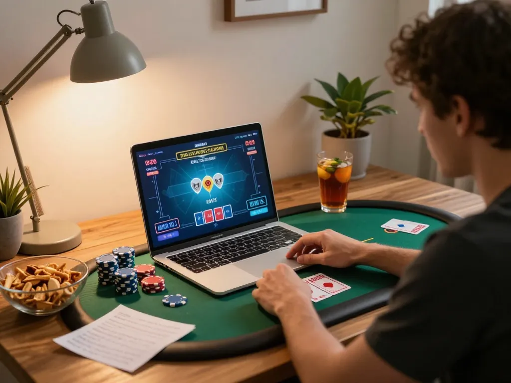 Engaging online poker session with HIT CLUB strategies in a stylish home office setting