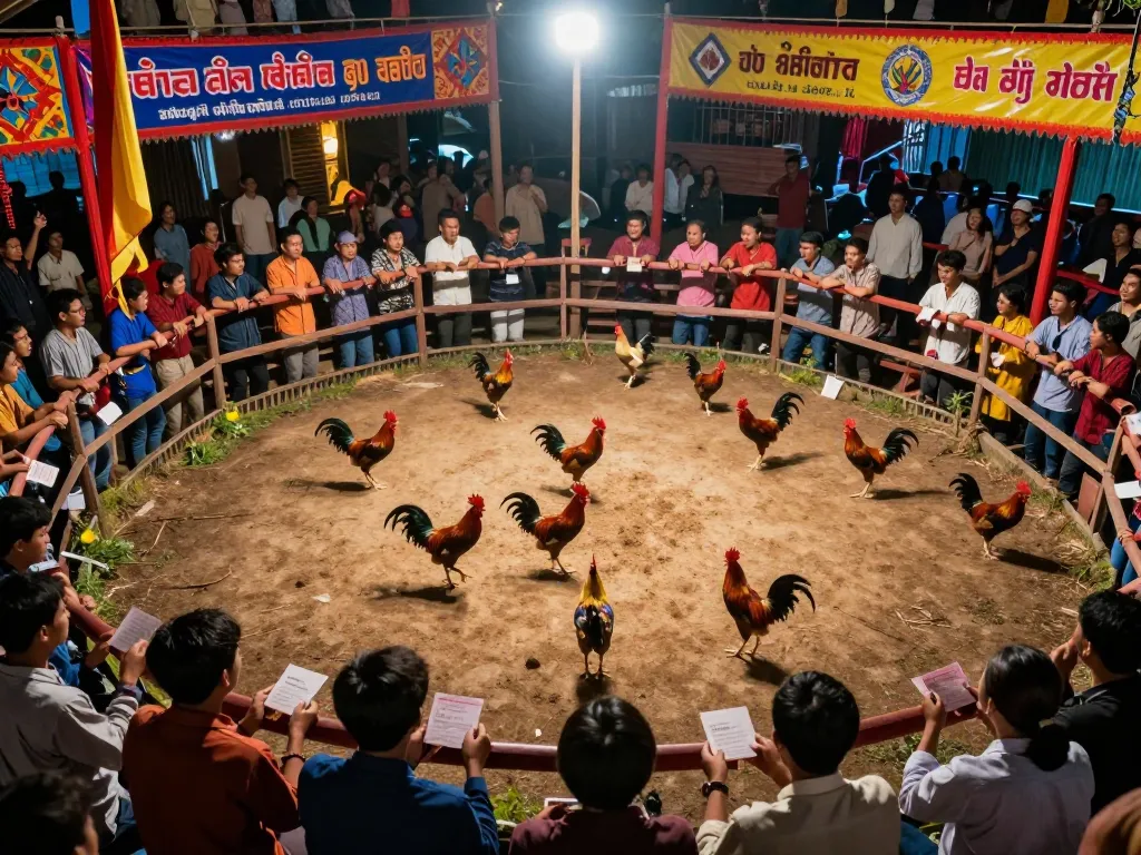 Live action at đá gà 88vv match, showcasing vibrant roosters competing and enthusiastic spectators cheering.