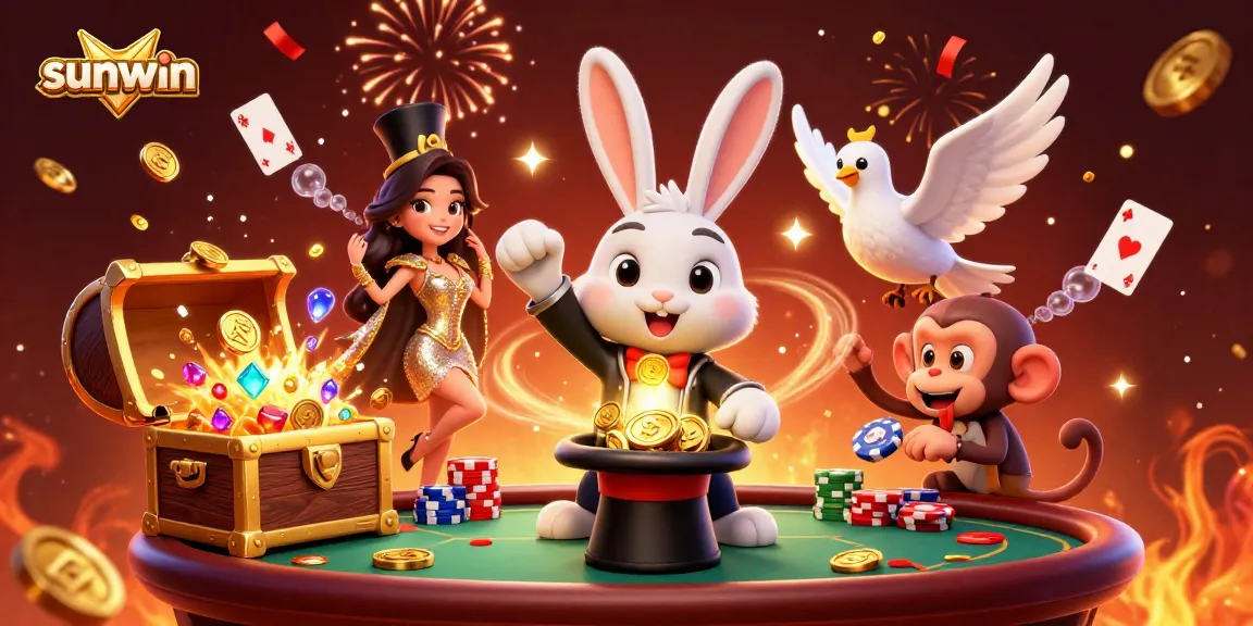 Experience the excitement of sunwin with this dynamic 3D illustration featuring a magician rabbit, coins, and poker chips.
