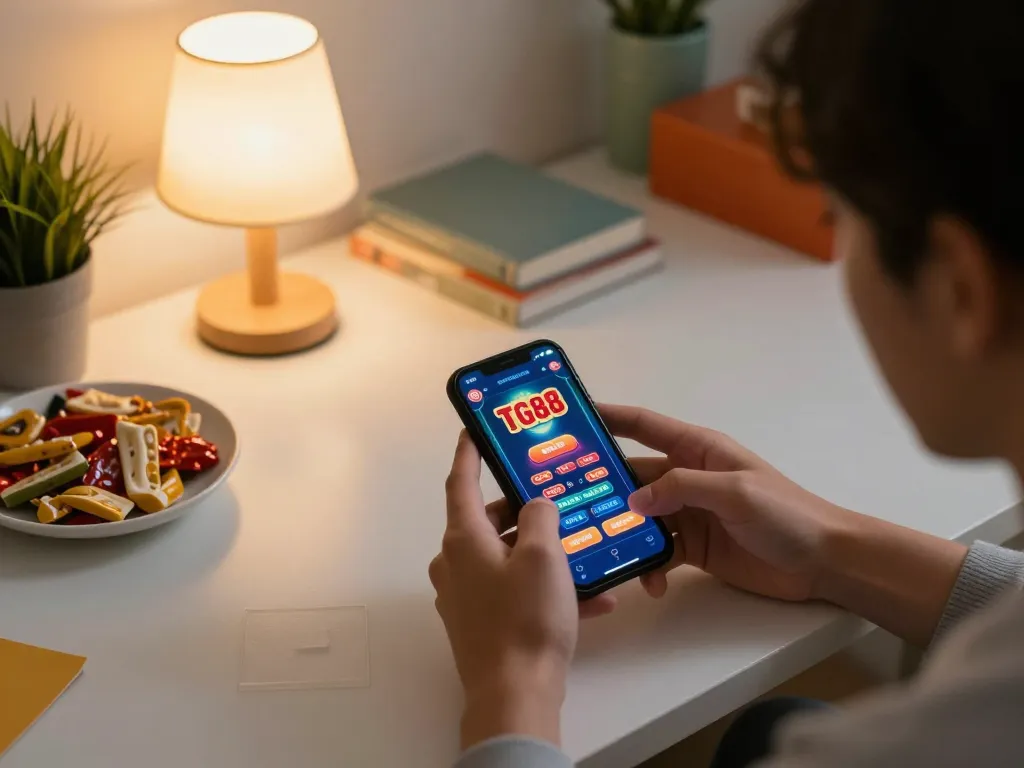 Engaging gaming experience on TG88 casino app, showcasing smartphone display and cozy atmosphere.